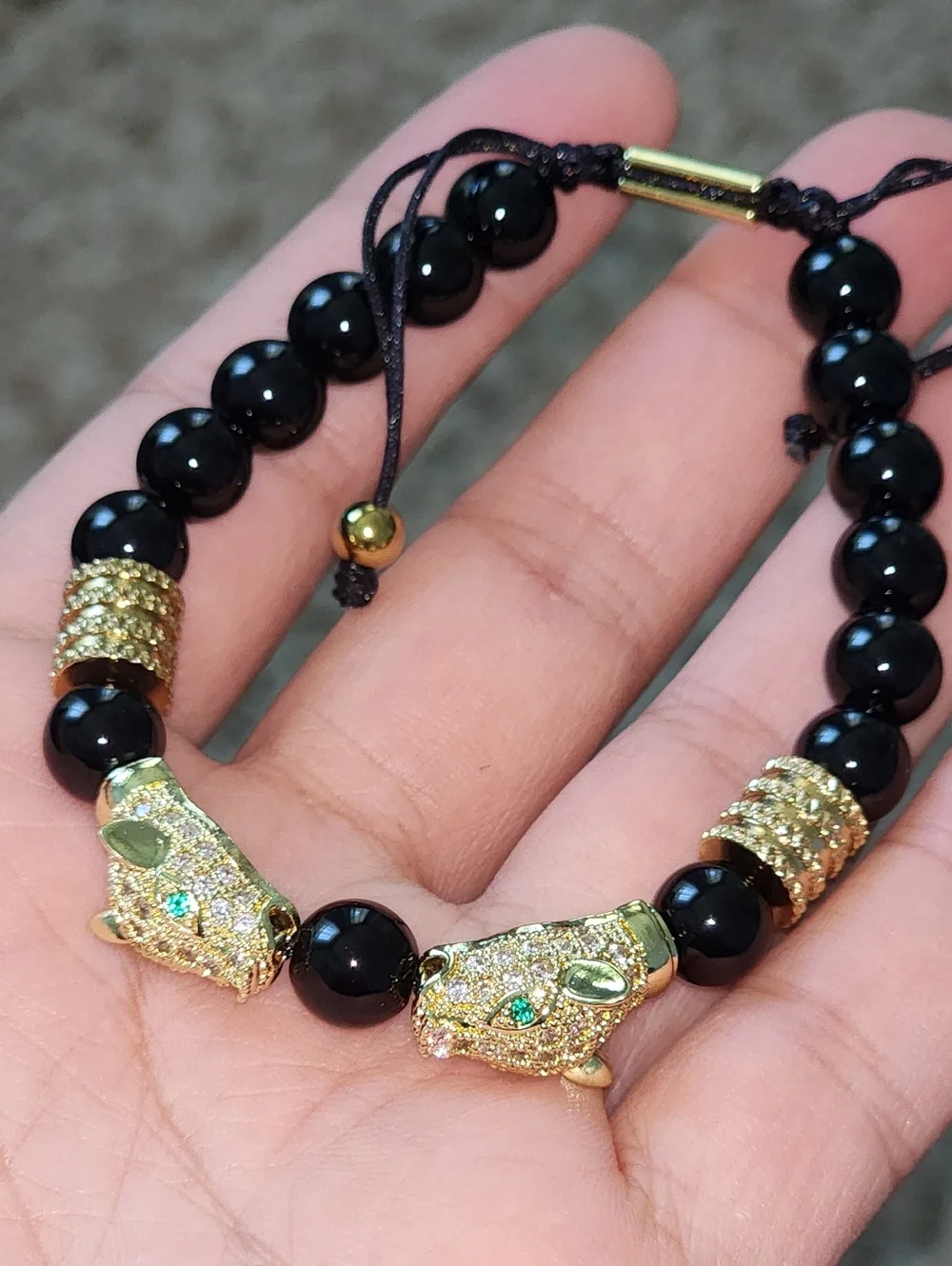 Black and Gold Panther Head Beaded Bracelet - Men's Fashion Jewelry